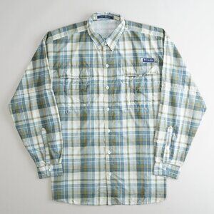 Columbia Super Bahama Fishing Shirt Long Sleeve Button Up Plaid Beige Mens Sz XL
